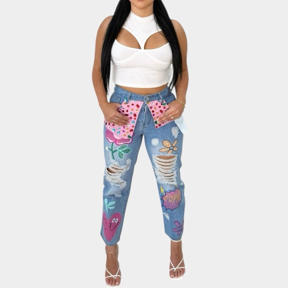 Women Ripped Jeans Straight Cut Boyfriend Size M Rhinestones Multicolor Prints - Picture 5 of 14